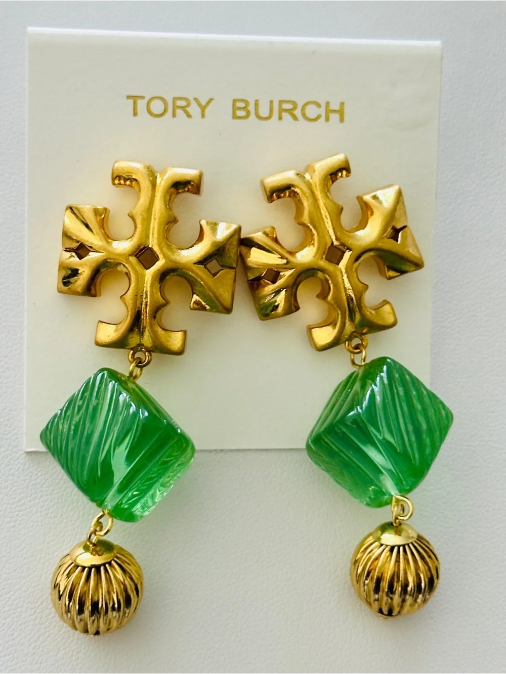 Tory Burch Gold Logo Earrings with Green Resin Cubes and Gold Bead Drops